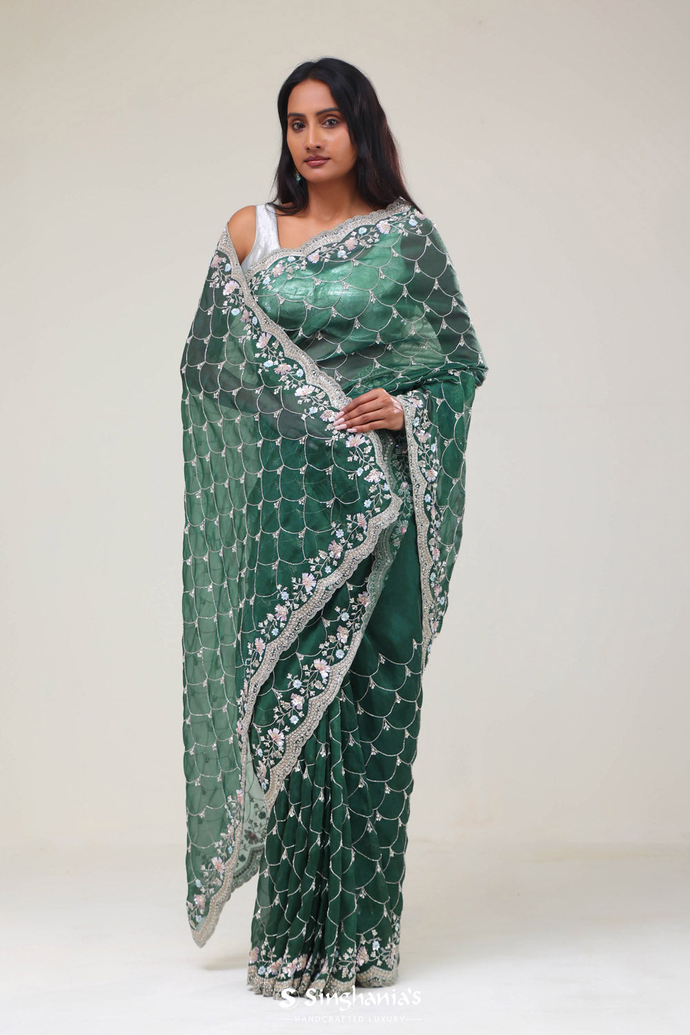 Bottle Green Handcrafted Organza Saree