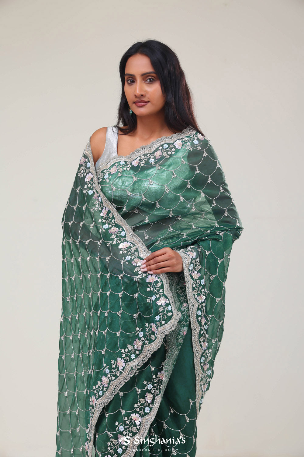 Bottle Green Handcrafted Organza Saree