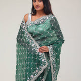 Bottle Green Handcrafted Organza Saree