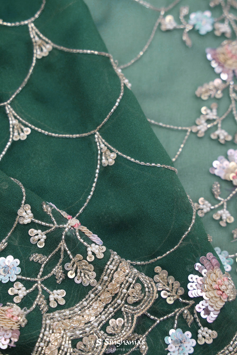 Bottle Green Handcrafted Organza Saree