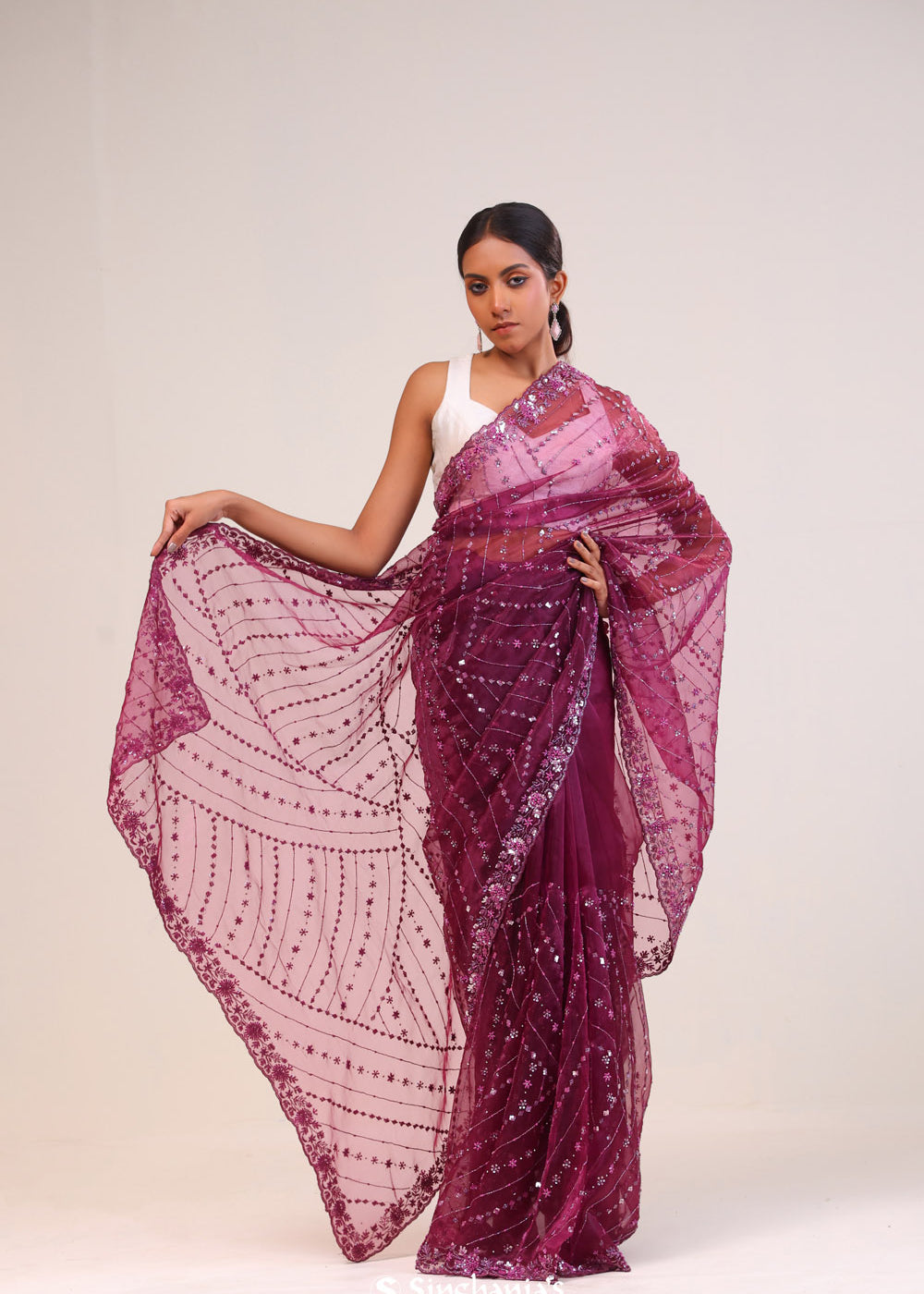 Tyrian Purple Organza Handcrafted Saree