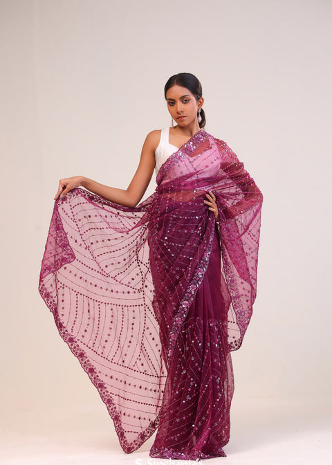  <img> Tyrian Purple Organza Handcrafted Saree