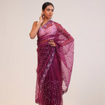 Tyrian Purple Organza Handcrafted Saree
