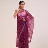 Tyrian Purple Organza Handcrafted Saree