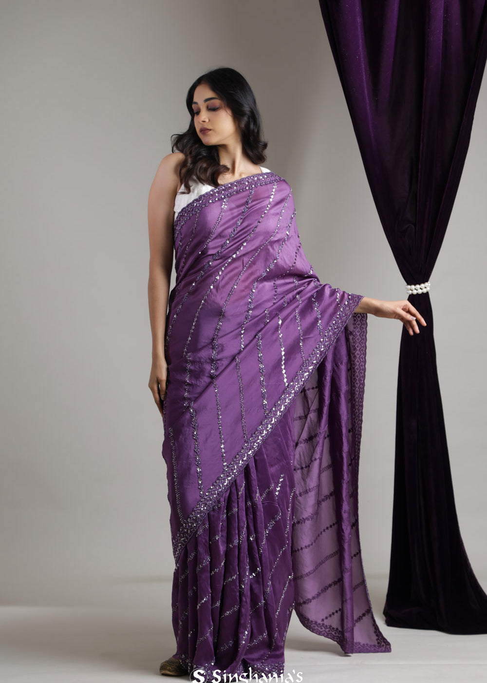 Eminence Purple Tissue Organza Saree With Hand Embroidery
