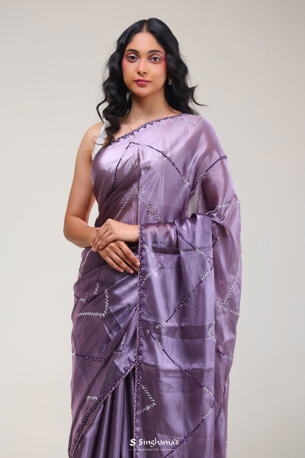 Chinese Violet Silk Handcrafted Saree