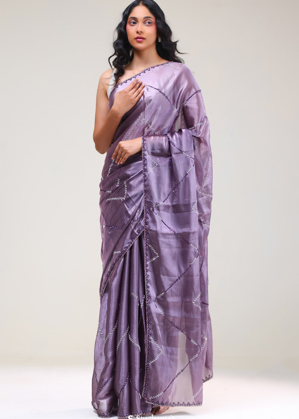 Chinese Violet Silk Handcrafted Saree