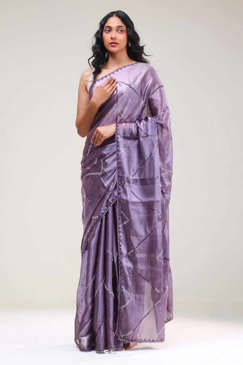 Chinese Violet Silk Handcrafted Saree