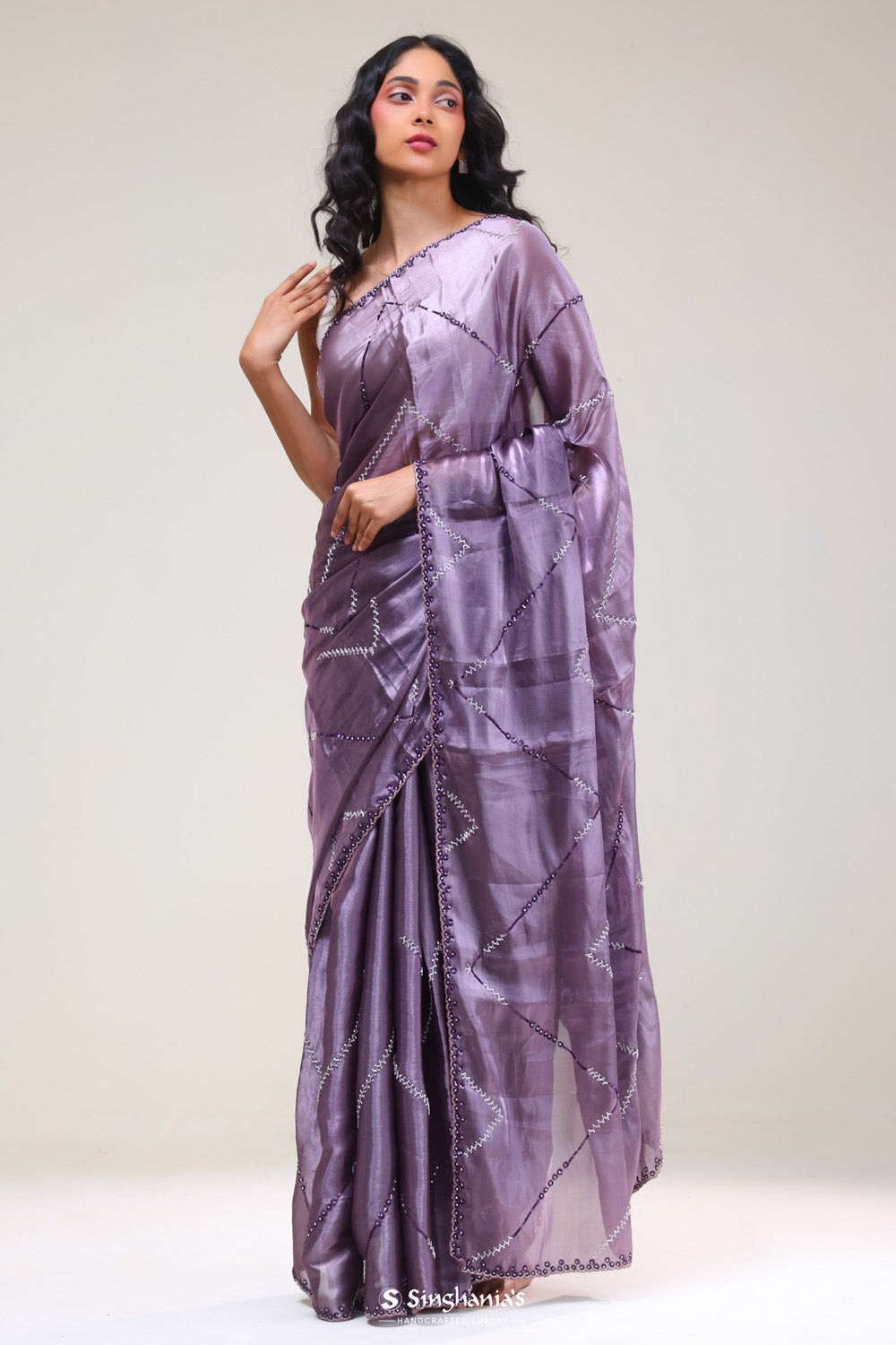 Chinese Violet Silk Handcrafted Saree
