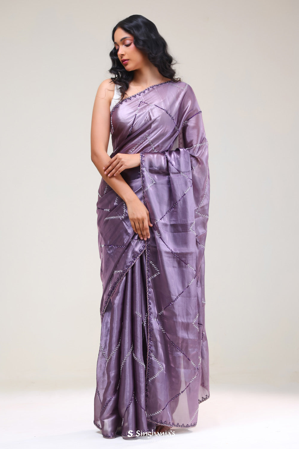 Chinese Violet Silk Handcrafted Saree