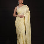 Light Khaki Yellow Georgette Saree With Hand Embroidery