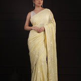 Light Khaki Yellow Georgette Saree With Hand Embroidery