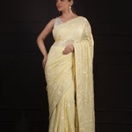 Light Khaki Yellow Georgette Saree With Hand Embroidery