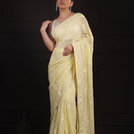 Light Khaki Yellow Georgette Saree With Hand Embroidery