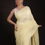 Light Khaki Yellow Georgette Saree With Hand Embroidery