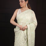 Mint Green Georgette Saree With Hand Embroidery