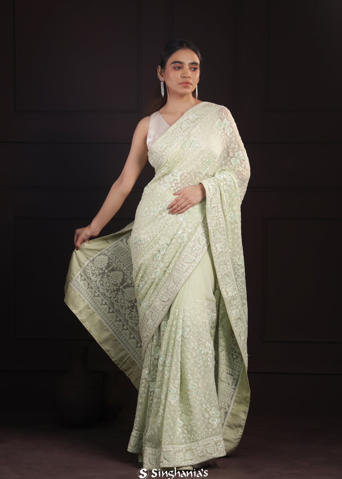 Mint Green Georgette Saree With Hand Embroidery
