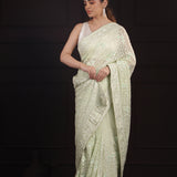 Mint Green Georgette Saree With Hand Embroidery