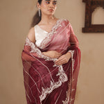 Wine Red Organza Saree With Hand Embroidery