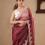 Wine Red Organza Saree With Hand Embroidery