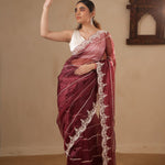 Wine Red Organza Saree With Hand Embroidery