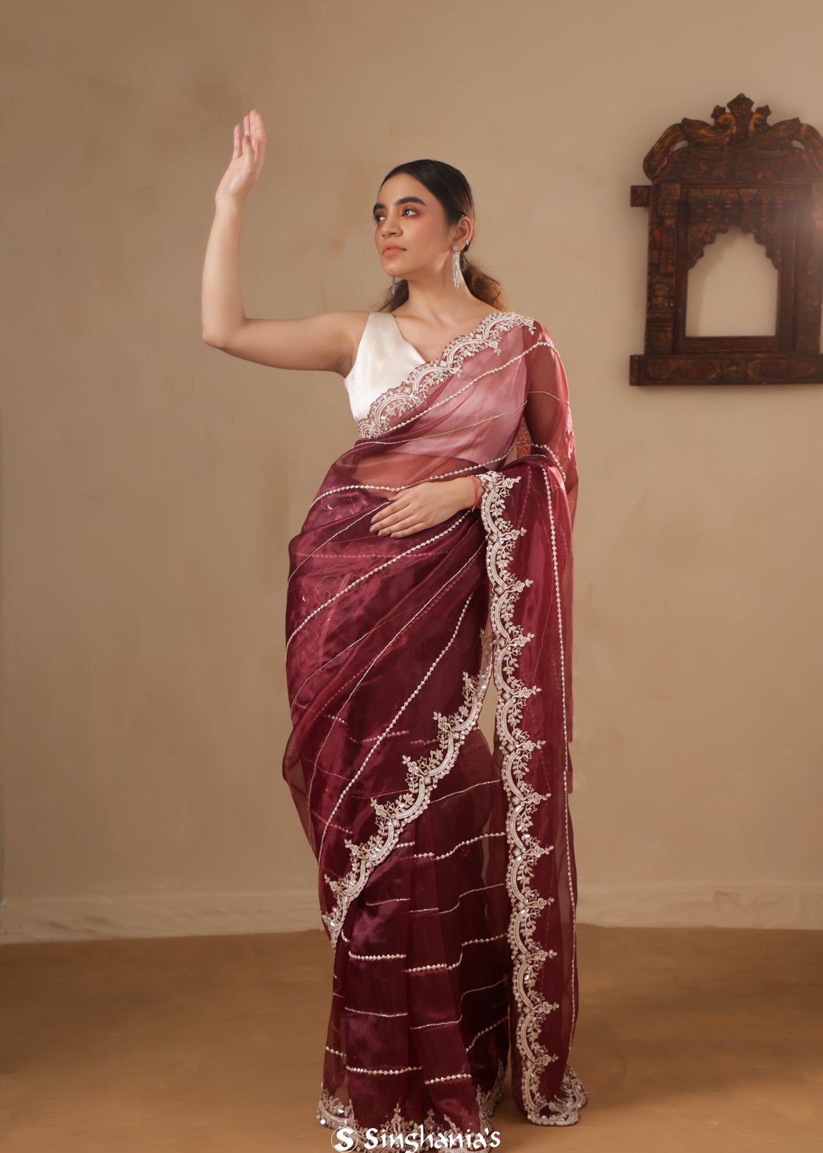 Wine Red Organza Saree With Hand Embroidery