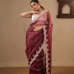 Wine Red Organza Saree With Hand Embroidery