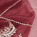 Wine Red Organza Saree With Hand Embroidery