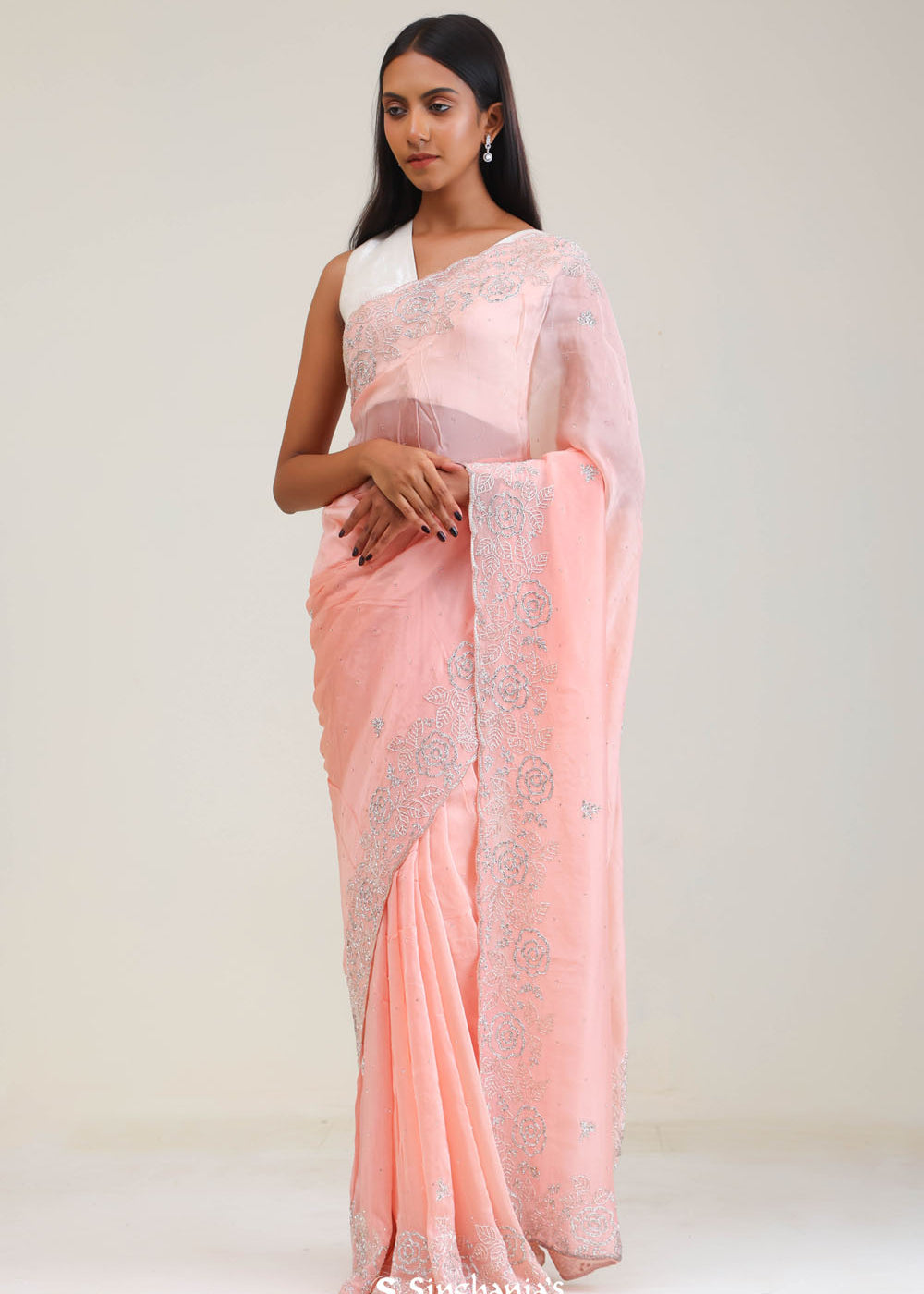 Salmon Peach Organza Saree With Embroidery Detail