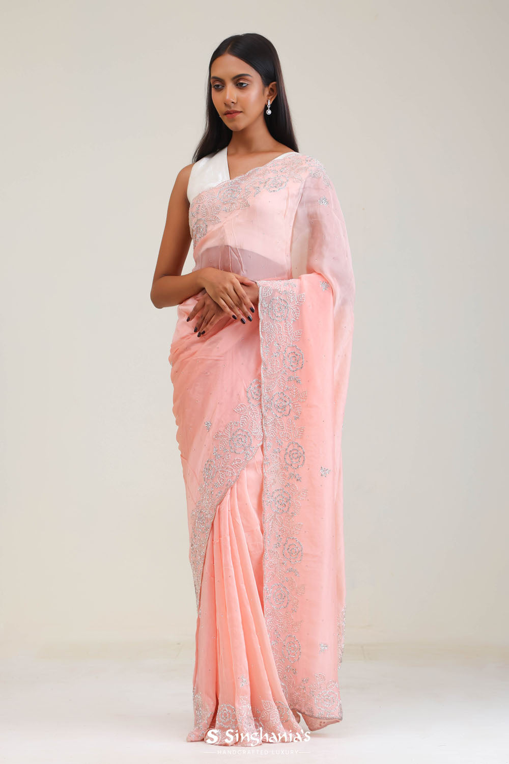 Salmon Peach Organza Saree With Embroidery Detail