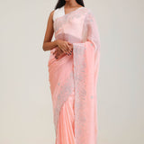 Salmon Peach Organza Saree With Embroidery Detail