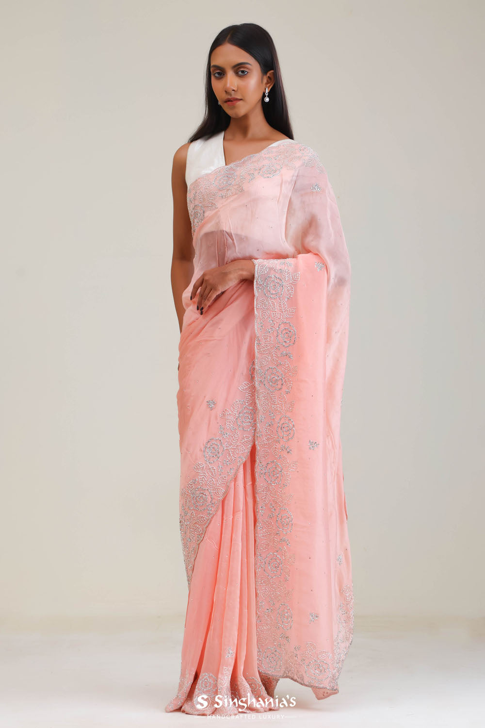 Salmon Peach Organza Saree With Embroidery Detail