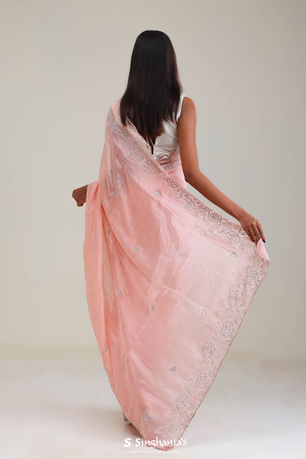Salmon Peach Organza Saree With Embroidery Detail