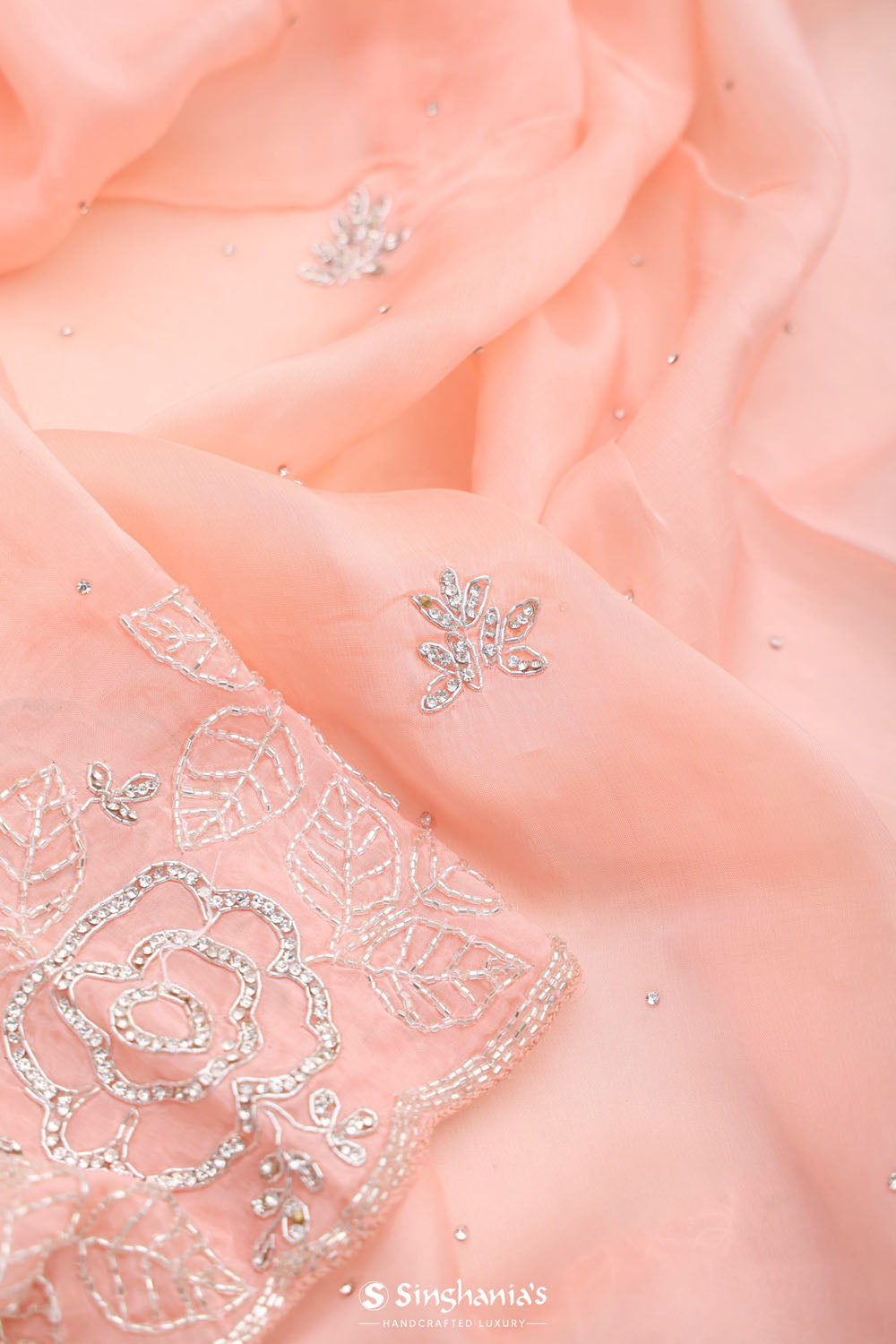 Salmon Peach Organza Saree With Embroidery Detail
