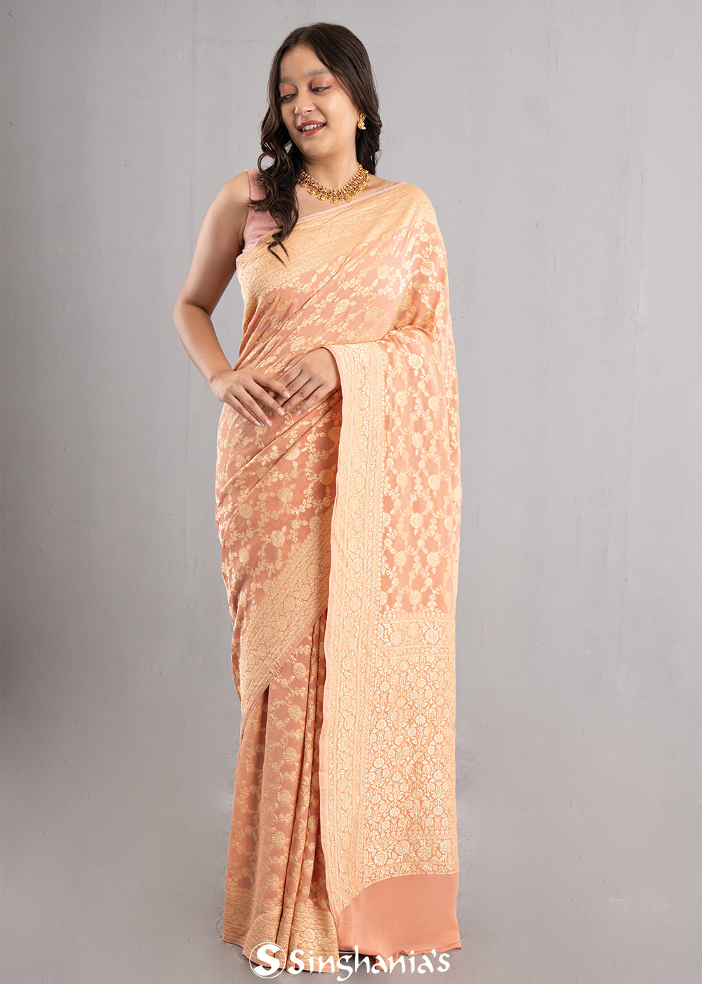 Malibu Peach Banarasi Georgette Jaal Saree