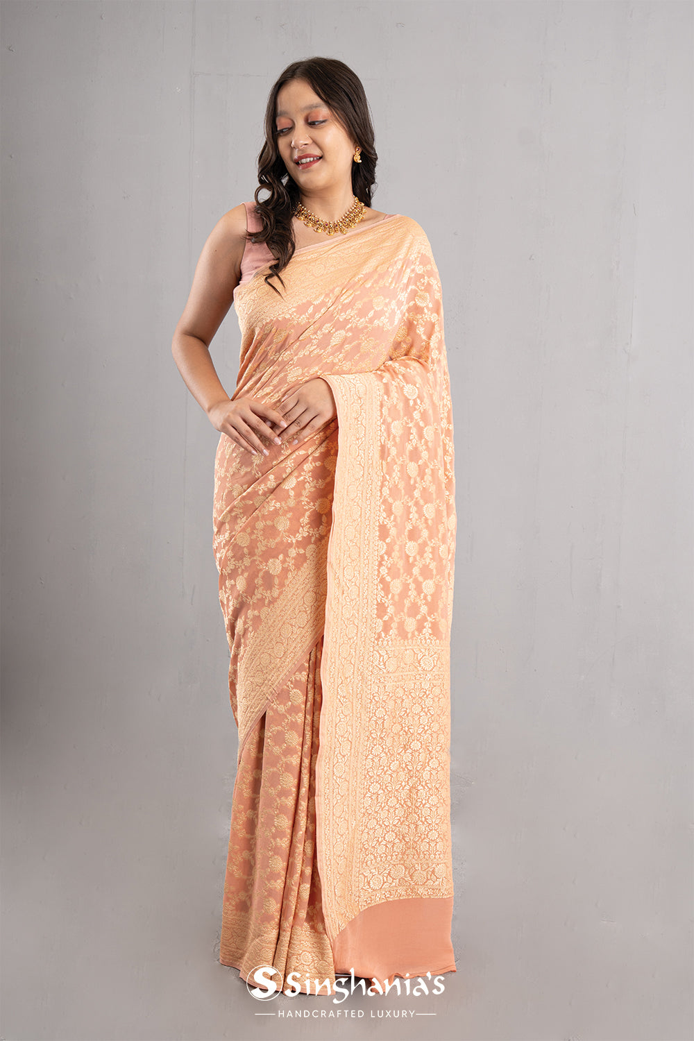 Malibu Peach Banarasi Georgette Jaal Saree