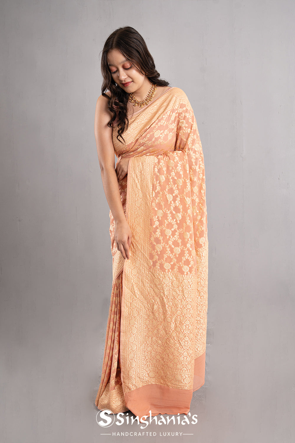 Malibu Peach Banarasi Georgette Jaal Saree