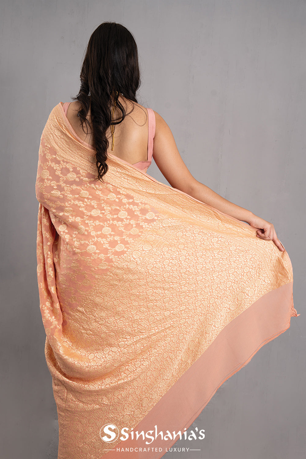 Malibu Peach Banarasi Georgette Jaal Saree