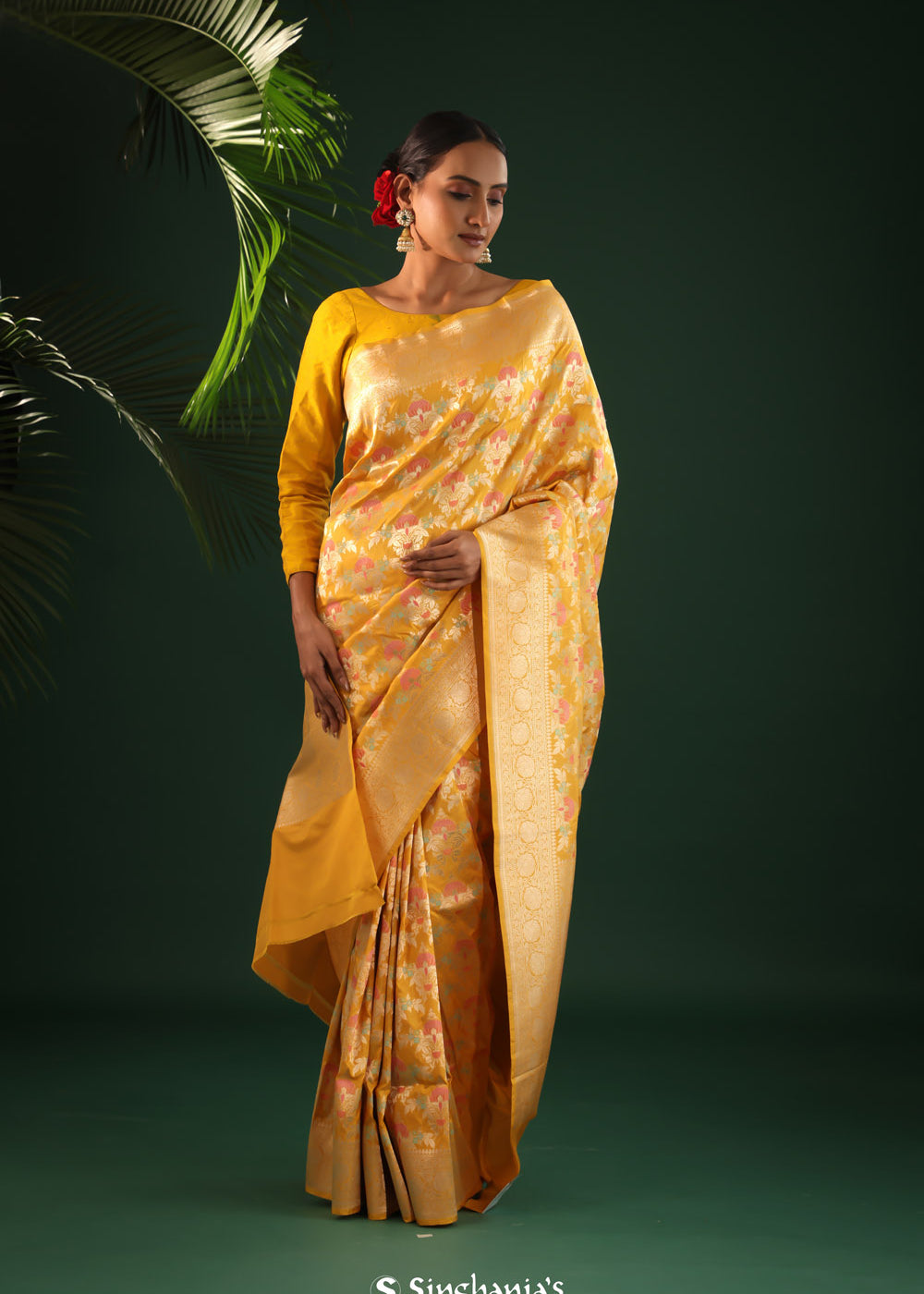Saffron Yellow Banarasi Silk Saree With Floral Meenakari Magic