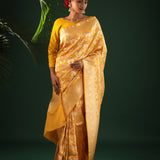 Saffron Yellow Banarasi Silk Saree With Floral Meenakari Magic