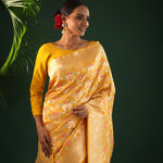 Saffron Yellow Banarasi Silk Saree With Floral Meenakari Magic