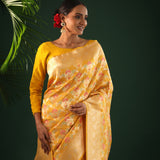 Saffron Yellow Banarasi Silk Saree With Floral Meenakari Magic