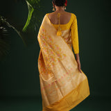 Saffron Yellow Banarasi Silk Saree With Floral Meenakari Magic