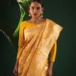 Saffron Yellow Banarasi Silk Saree With Floral Meenakari Magic