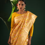 Saffron Yellow Banarasi Silk Saree With Floral Meenakari Magic