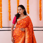 Vivid Orange Banarasi Satin Saree With Floral-Fauna Elegance