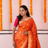 Vivid Orange Banarasi Satin Saree With Floral-Fauna Elegance