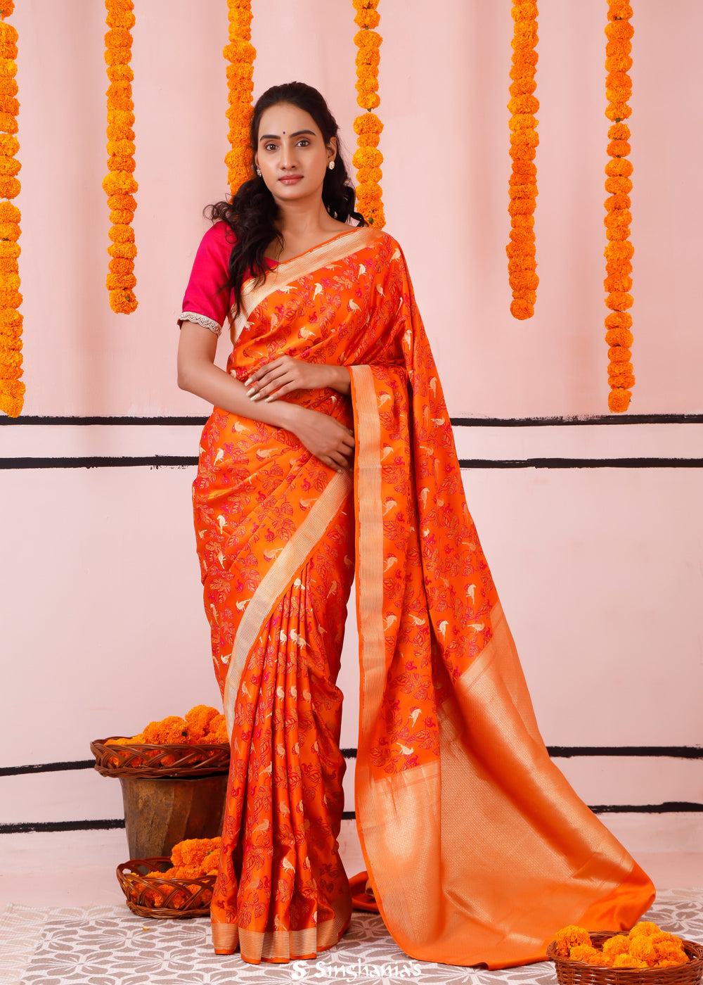 Vivid Orange Banarasi Satin Saree With Floral-Fauna Elegance