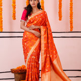 Vivid Orange Banarasi Satin Saree With Floral-Fauna Elegance