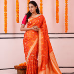 Vivid Orange Banarasi Satin Saree With Floral-Fauna Elegance